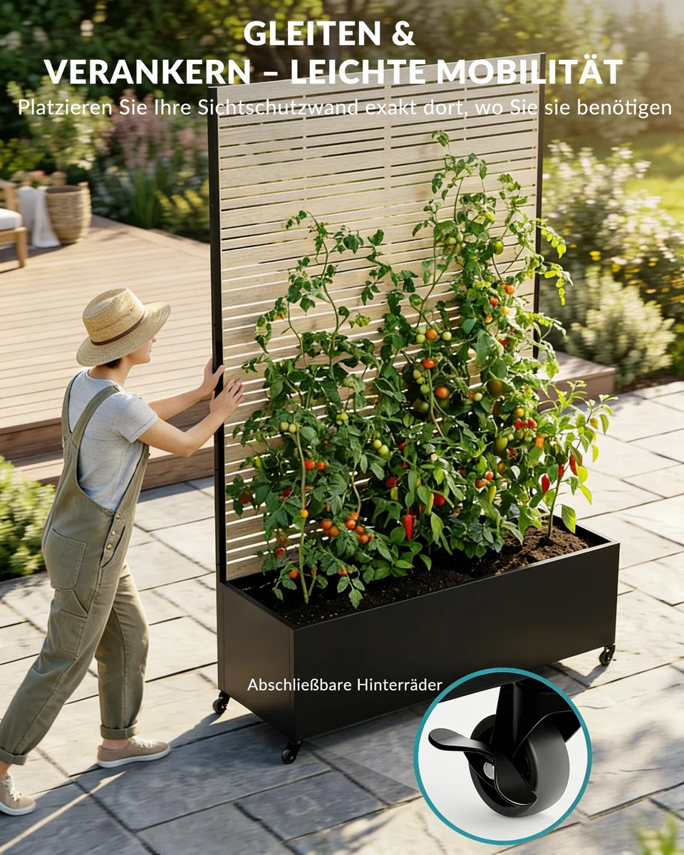 Hochbeet mit Sichtschutz, Metall Pflanzkasten mit Rankgitter und Rollen, freistehender Pflanzkübel 33cm tief, wetterfest für Blumen und Kletterpflanzen - Ideal für Garten, Balkon und Terrasse