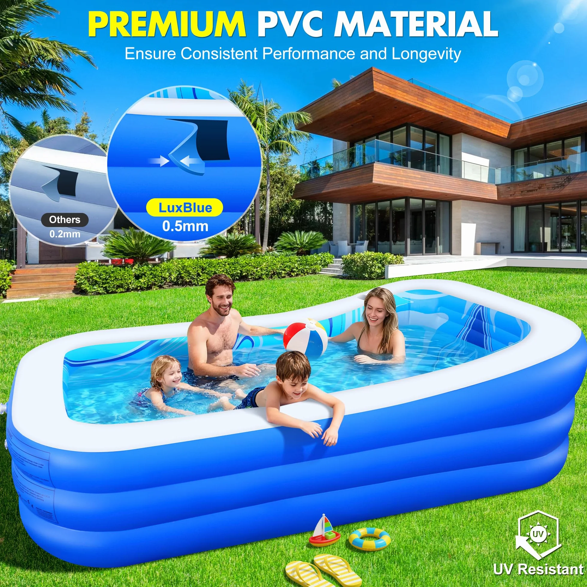 LuxBlue Aufblasbarer Pool Erwachsene, Groß Planschbecken Rechteckig mit Sitzkissen und Rückenlehne, 0.5mm Verdickter Familienpool Aufblasbar XXL, 250 * 160 * 63cm Aufblasbar Schwimmbecken Gartenpool