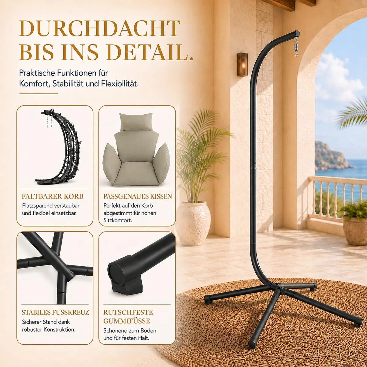 Hängesessel mit Gestell höhenverstellbar Indoor & Outdoor inkl. Kissen - Korbhängesessel bis 150 kg Garten Schaukel aus Polyrattan faltbar ergonomisch - Wohnzimmer Balkon Terrasse in Grün/Grau