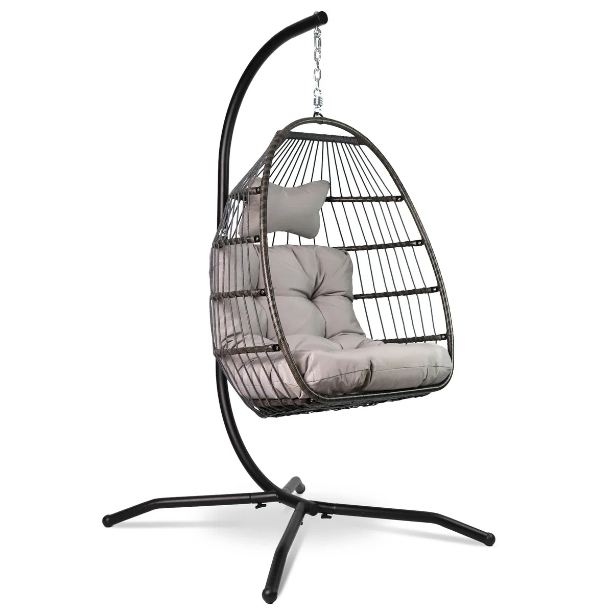 VITA5 Hängesessel mit Gestell - Bequemer Hängekorb Sessel - Rattan Hängesessel Outdoor und Indoor - Boho Egg Schaukel für Terrasse&Leseecke - 150 kg Tragkraft (Grau)