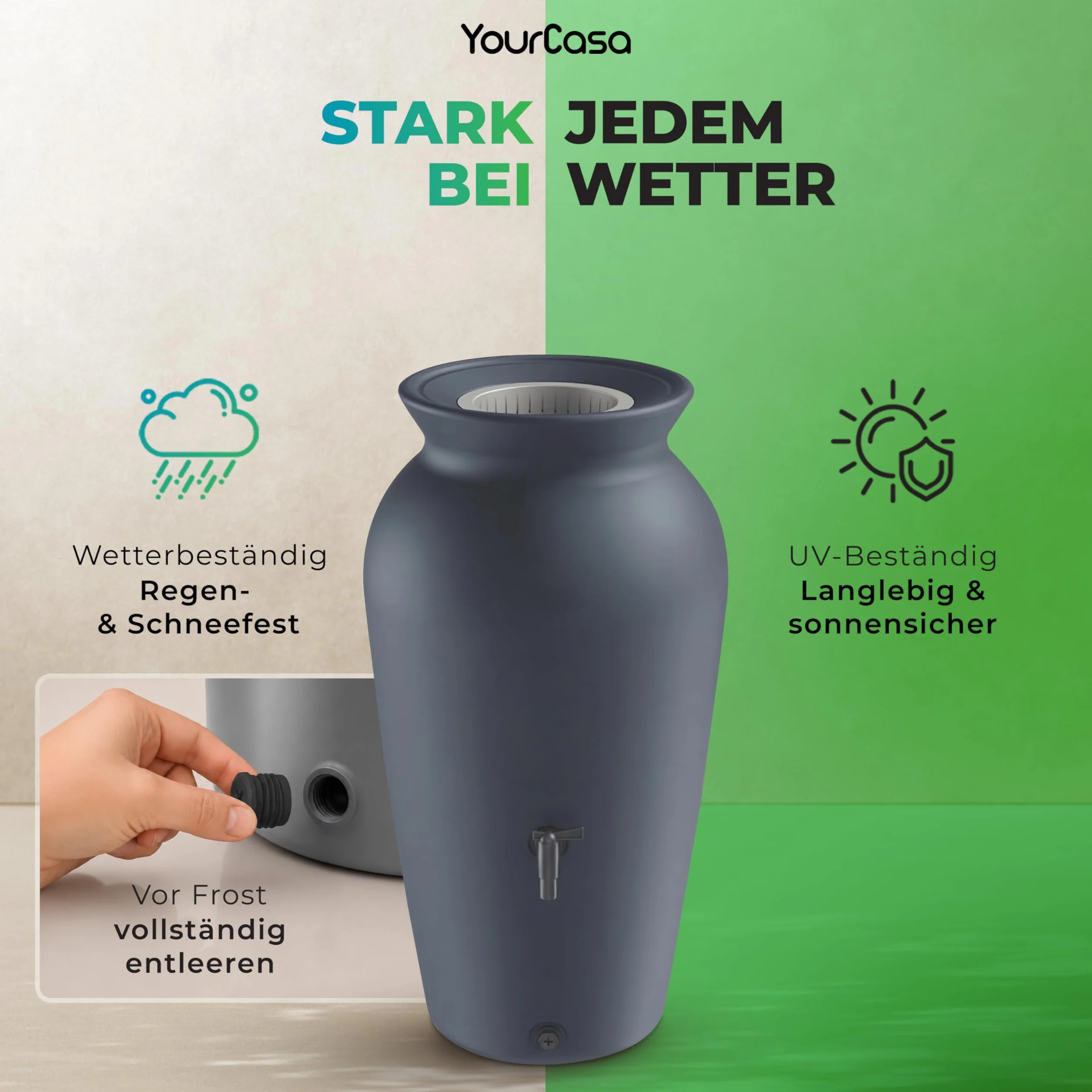 YourCasa Regentonne 120-230 Liter [DropCatcher] mit Filterkorb & Wasserhahn - Regenfass Frostsicher Kunststoff - Regenwassertonne - Regenwassertank Garten Wassertank Regensammler (Anthrazit, 230L)