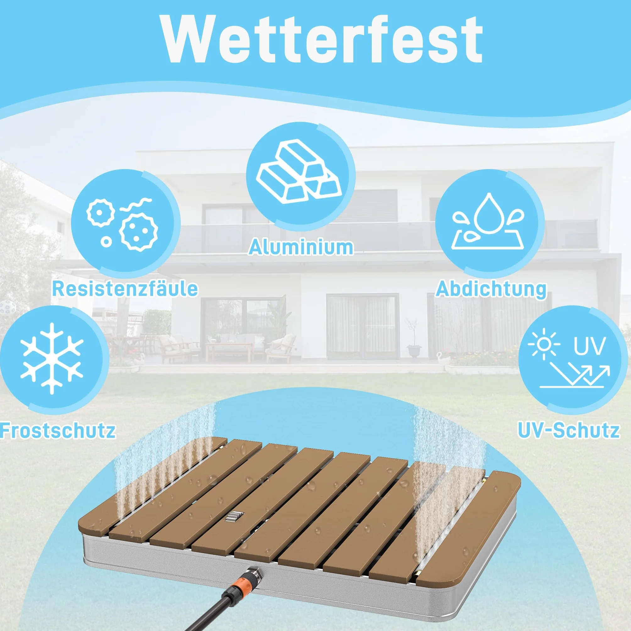 Froadp Gartendusche Campingdusche Aluminium & WPC Bodendusche Holzfarbe Saunadusche mit rutschfeste Standfläche 55x70cm Wetterfest Holzoptik Außendusche für Standard-Gartenschläuche (Rechteckig)