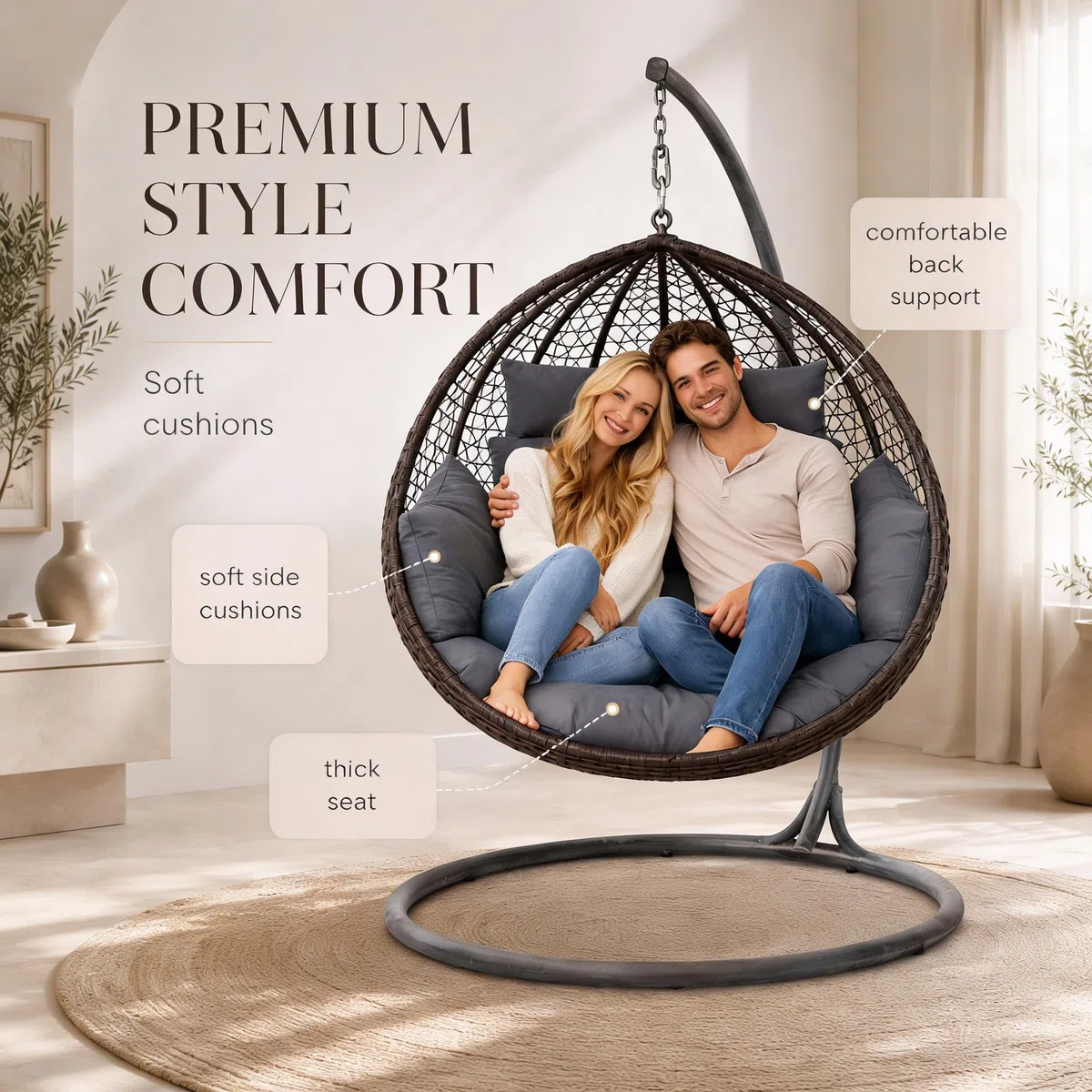 Ferocity Hängesessel Kissen 2 Personen Dunkel Grau | Doppelkissen Polster für Polyrattan Hängeschaukel | 47x130x29 cm | Waschbar Outdoor Gartenkissen | Hängekorb Auflage Bodenkissen - Graphite [114]