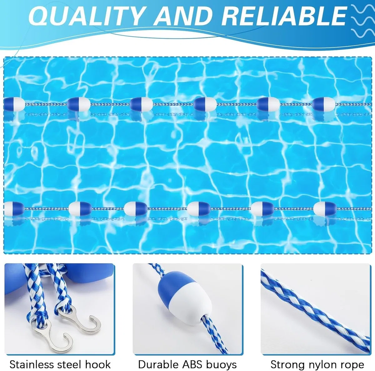 Schwimmende Pool-Sicherheitsteiler, Schwimmbahn-Linie mit zweifarbigen Bojen und Haken für Schwimmabgrenzung und Sicherheit