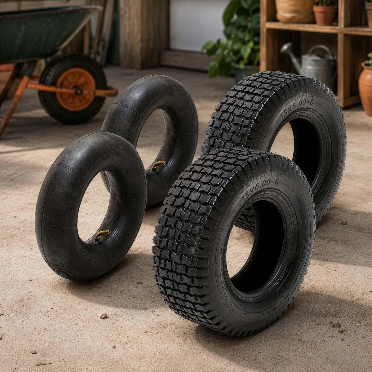 Wiltec 2x Reifenmantel 2x Schlauch für Aufsitzmäher/Rasentraktor 15x6.00-6 4PR Winkelventil