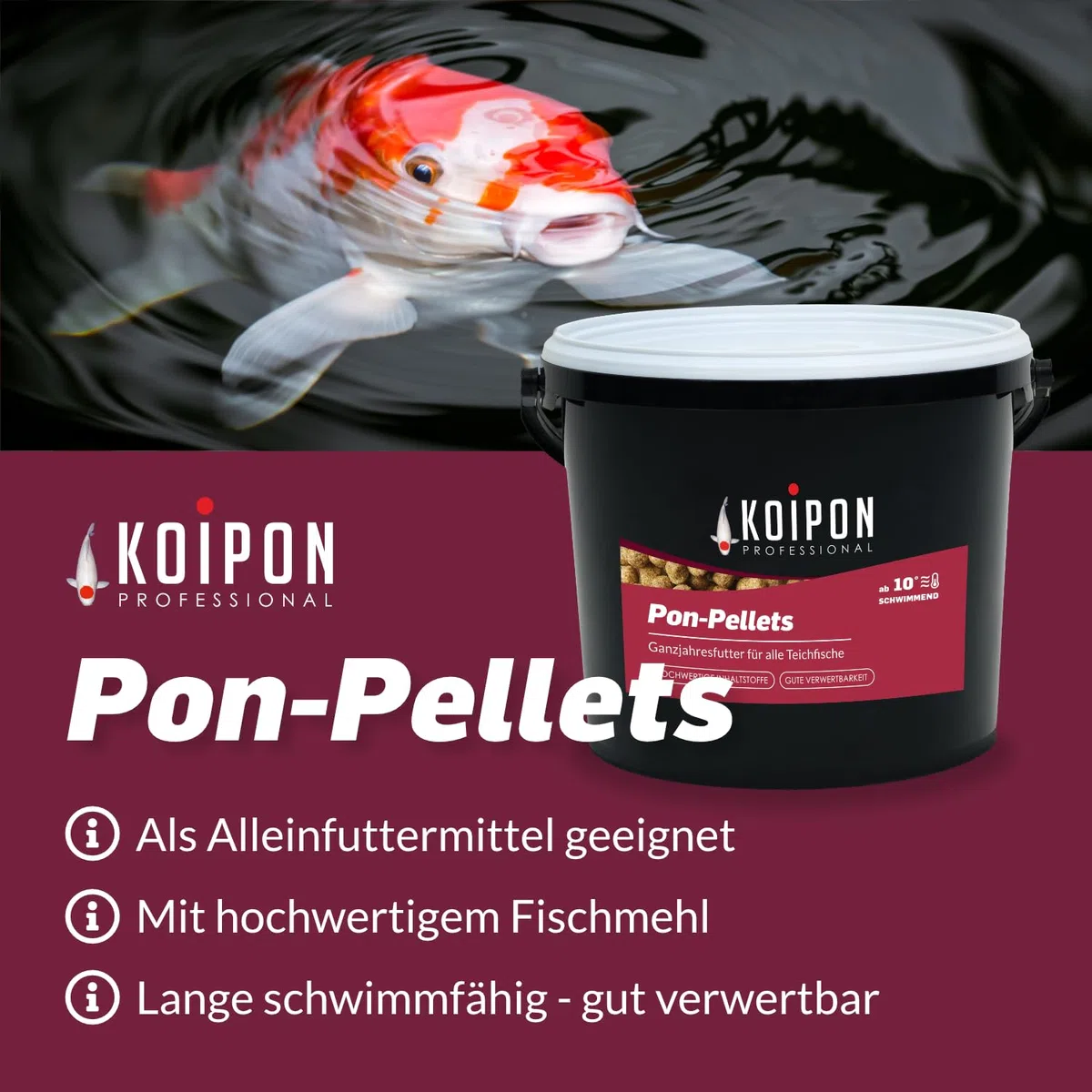 KOIPON Pon-Pellets 3mm 3,5 kg, Fischfutter für Teichfische, Ganzjahresfutter schwimmend, Teichfutter, als Koifutter und Goldfischfutter geeignet