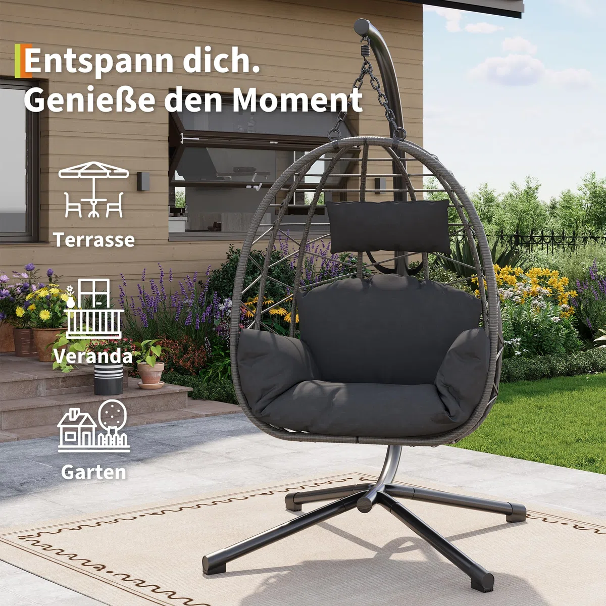 Hängesessel mit Gestell Outdoor bis 150 kg belastbar, Rattan Hängesessel mit Metallgestell, ideal als Hängesitz Indoor mit Gestell für Garten, Terrasse & Balkon Grau