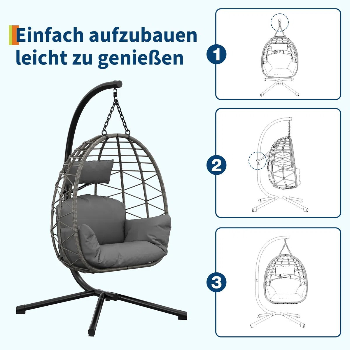 Hängesessel Mit Gestell Bis 150 kg, Outdoor Rattan Hängesessel Mit Metallgestell, Komfortabler Hängesitz Indoor Mit Waschbaren Kissen, Für Garten, Terrasse & Balkon