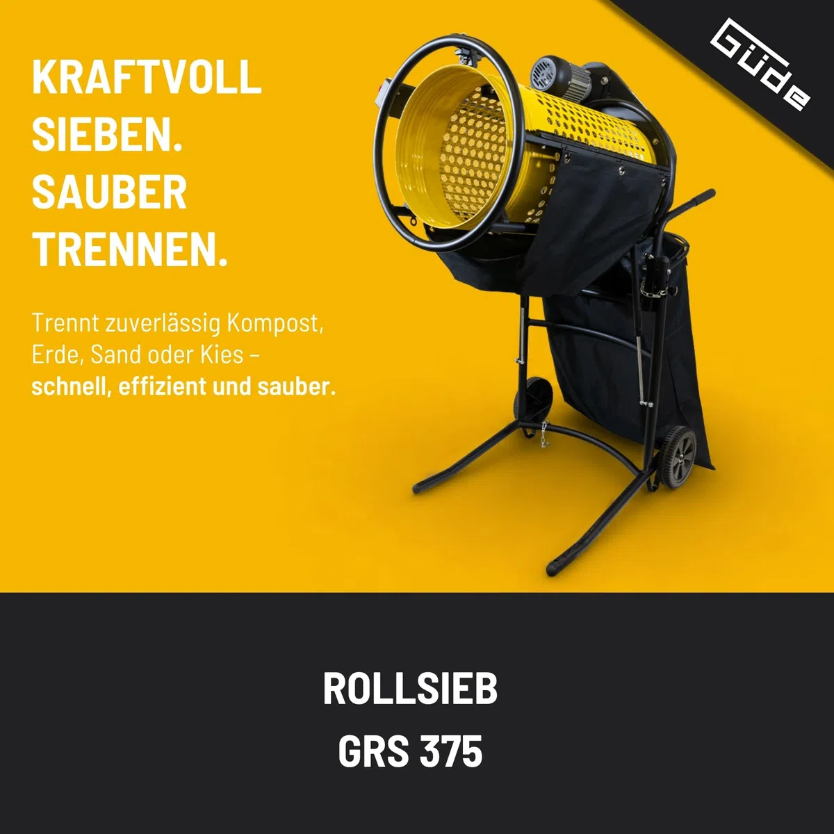 Güde Rollsieb GRS 375, 360 W, Siebtrommel Ø 375 mm, Modell 94414 | Zum Sieben von Kompost, Erde und Sand, Lochung 10 mm oder 20 mm, Neigungswinkel einstellbar, Transporträder, Fangsack