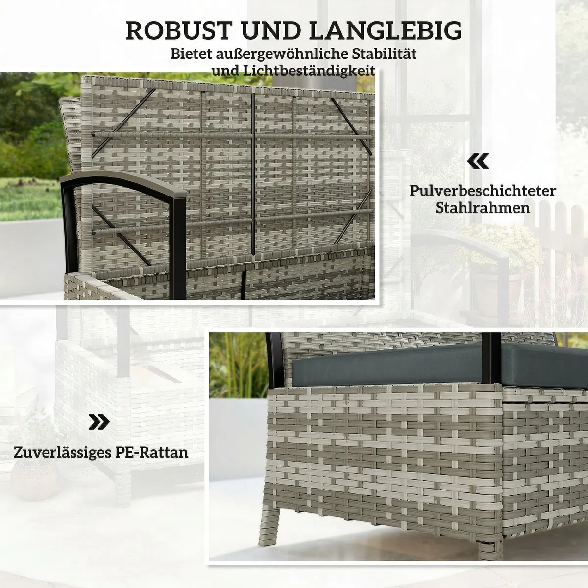 Outsunny Gartenbank mit Stauraum 2-Sitzer Sitzbank mit Kissen Haltegriffen 125L Aufbewahrungsbank Aufbewahrungsbox Bank für Flur Schlafzimmer Wohnzimmer Poly Rattan 123 x 70 x 82 cm Dunkelgrau