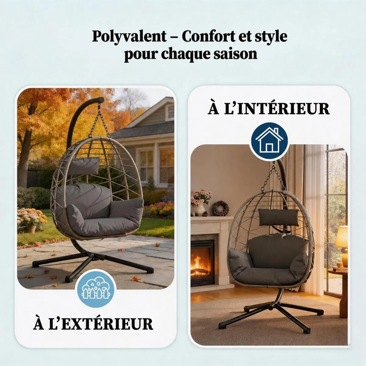 Hängesessel Mit Gestell Outdoor Bis 150 kg, Rattan Hängesessel Mit Metallgestell, Wetterfest PE-Rattan Hängesitz Mit Polster & Schutzabdeckung, Ideal Für Garten, Terrasse, Balkon, Wohnzimmer – Grau