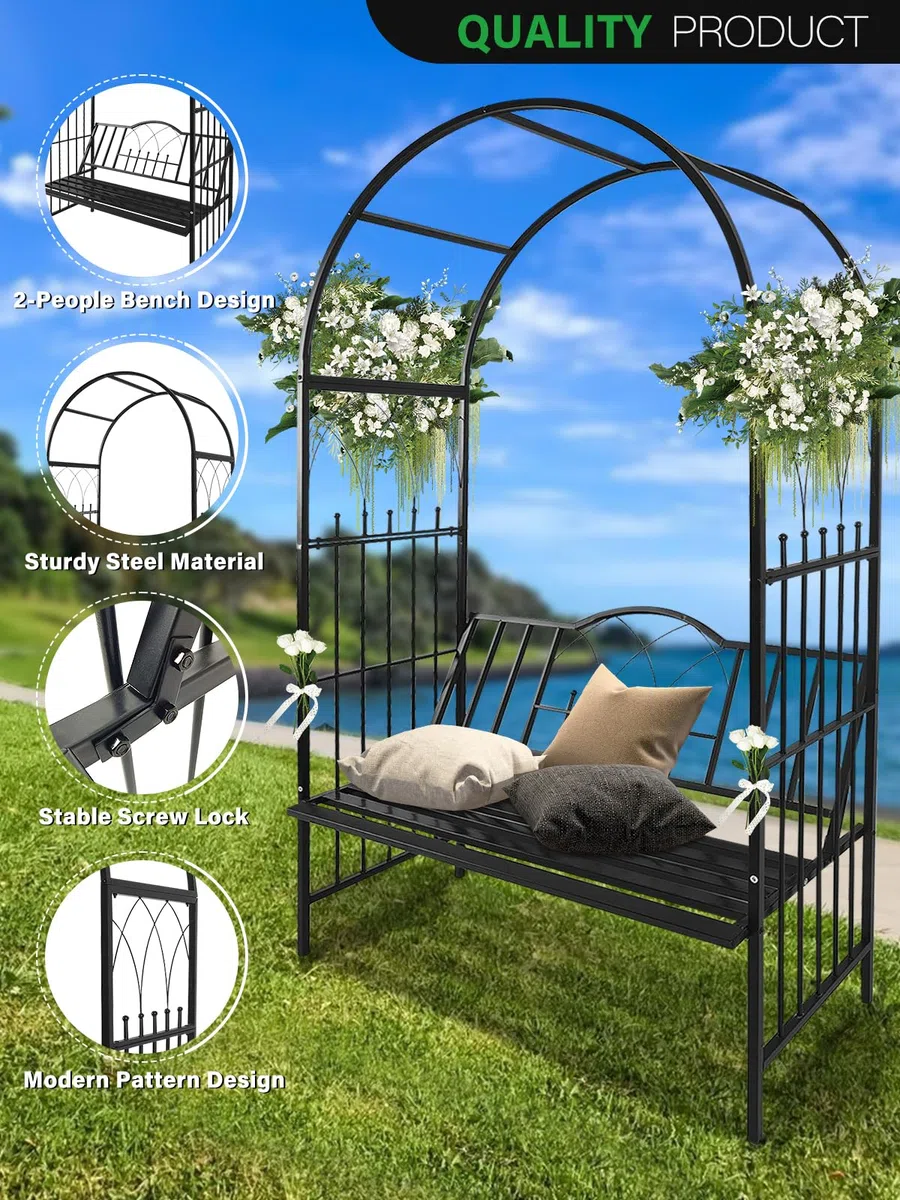2 M Gartenbogen mit Bank, Kalolary Metall Hochleistungs Gartenlaube mit Sitz für Kletterpflanzen 2-Sitzer Großer Garten Rosenpavillon Bogen Blumenreben Kletterstütze für Rasen Hinterhof im Freien