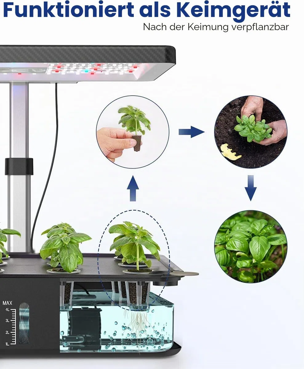 iDOO Hydroponic System, Smart Garden, Hydroponisches Anzuchtsystem,12Hülsen, mit Automatisch Timer, Smart Garden mit LED Pflanzenlampe und Ventilato, Höhenverstellbar kräutergarten Set, Schwarz