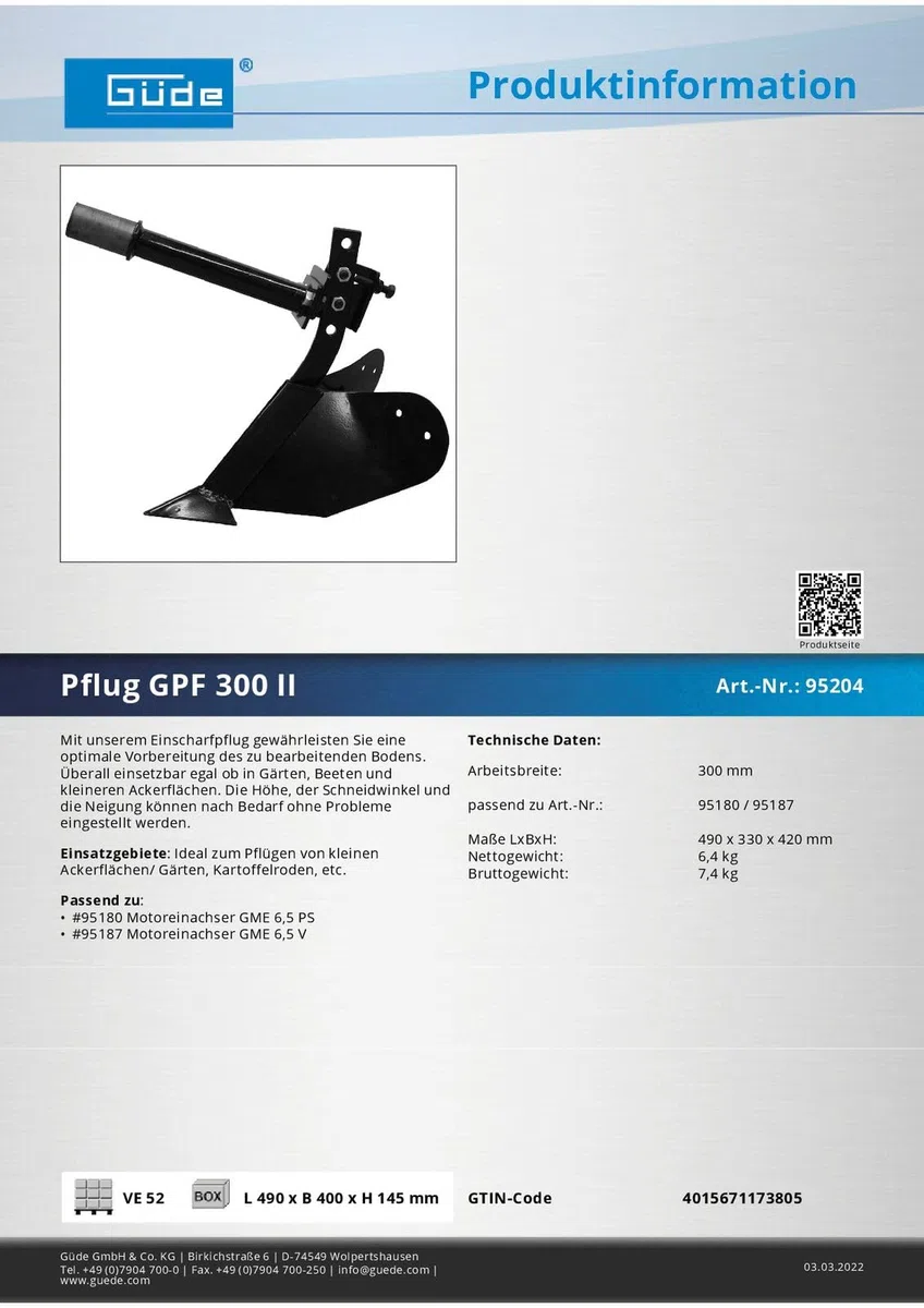 GÜDE Einscharfpflug Schuffel Pflug zum Feld umgraben GPF 300 II
