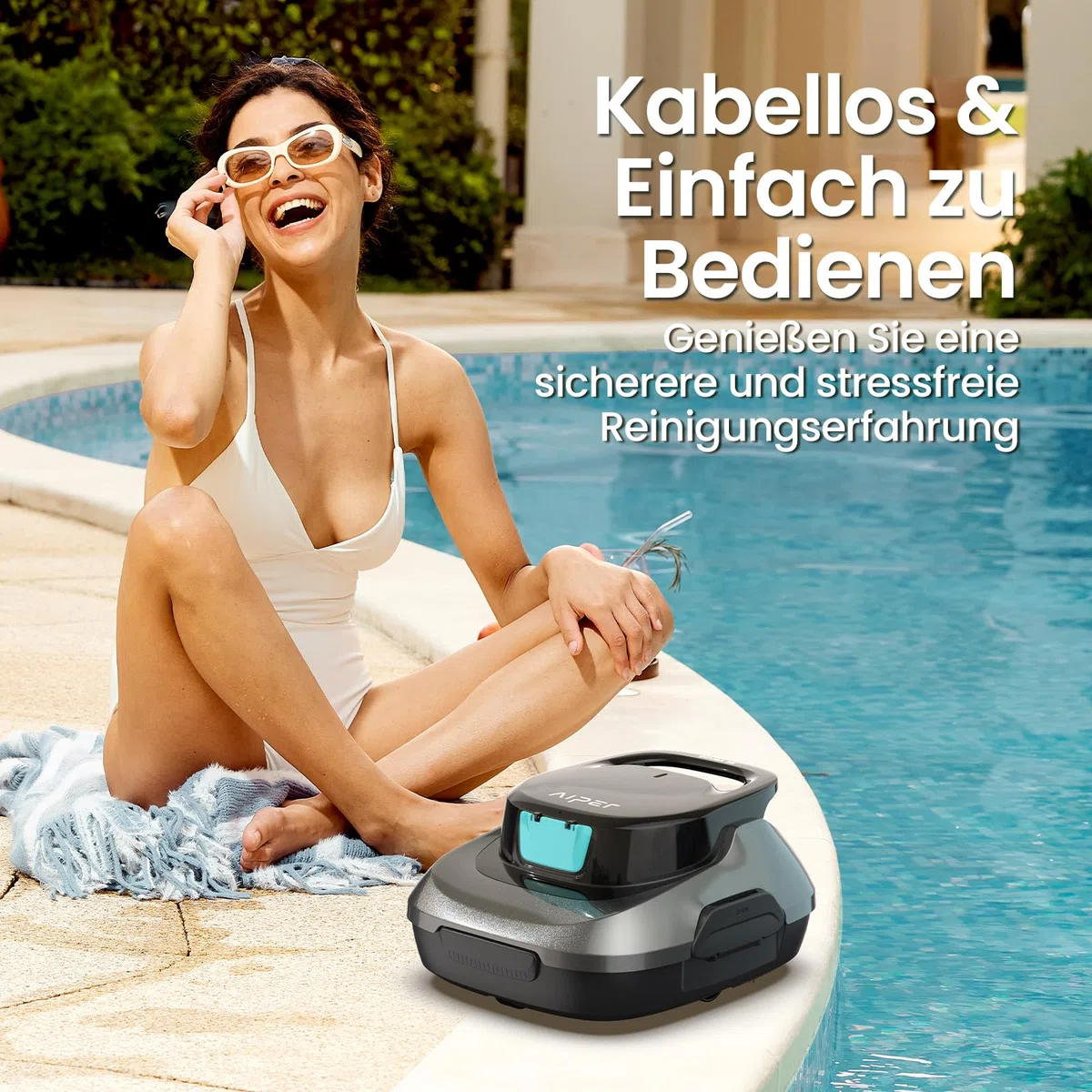 AIPER Kabelloser Poolroboter, Poolsauger Akku mit 90 Min Laufzeit, Doppelantrieb & Selbstparkfunktion, Idealer Poolreiniger für Flachbodenpools bis 80 m²