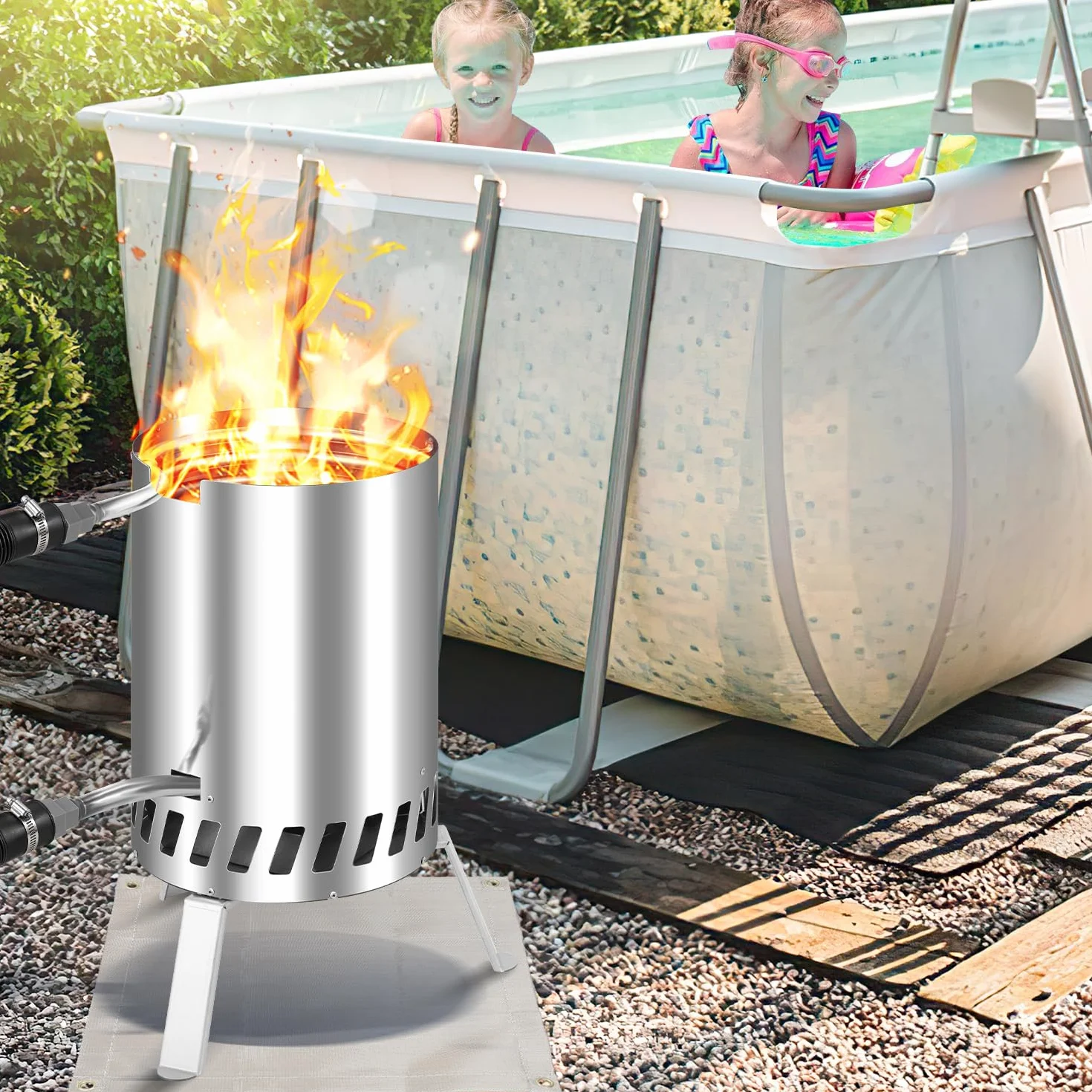 Fiqops Brennholz Poolheizung, Schwimmbadheizung mit Feuer,Edelstahl Poolheizung Feuertonne,Poolofen mit 32-38mm Anschlüsse,Outdoor Poolheizung Holz,mit Feuerfeste Matte und Tablett