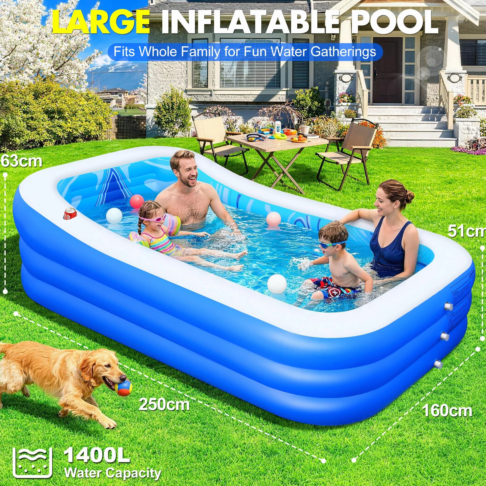 LuxBlue Aufblasbarer Pool Erwachsene, Groß Planschbecken Rechteckig mit Sitzkissen und Rückenlehne, 0.5mm Verdickter Familienpool Aufblasbar XXL, 250 * 160 * 63cm Aufblasbar Schwimmbecken Gartenpool