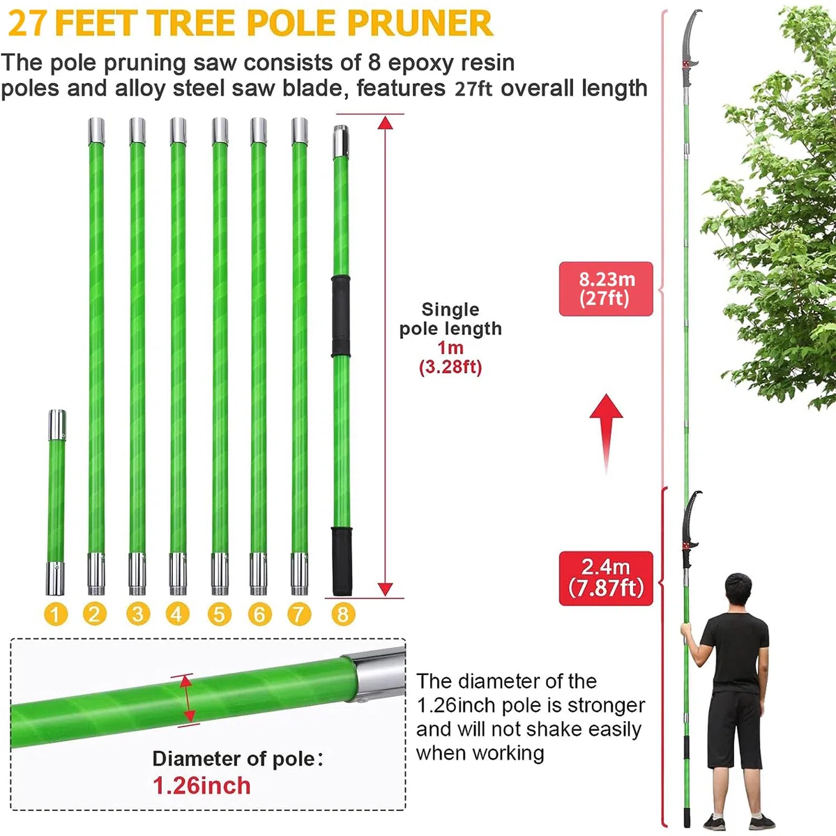 26 Fuß Baumstangenschere Manuelle Äste Trimmer Baumast Gartengeräte Astschere Handstangensägen Ausziehbare Höhe