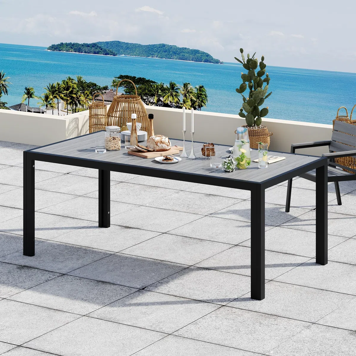 Devoko HDPS wetterfester Gartentisch, 189 x 80 x 74 cm Aluminium-Tisch für den Außenbereich mit Holzmaserung, pflegeleicht, Esstisch für 6 bis 10 Personen (grau)