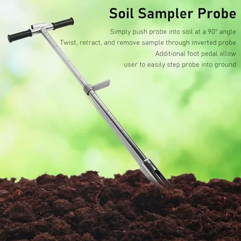 Bodenprobenehmer, 105cm Bodenprobe Sonde Edelstahl Bodensonden-Probenehmer mit Auswerfer-Fußpedal und T-Griff für Rasen Garten Bauernhof