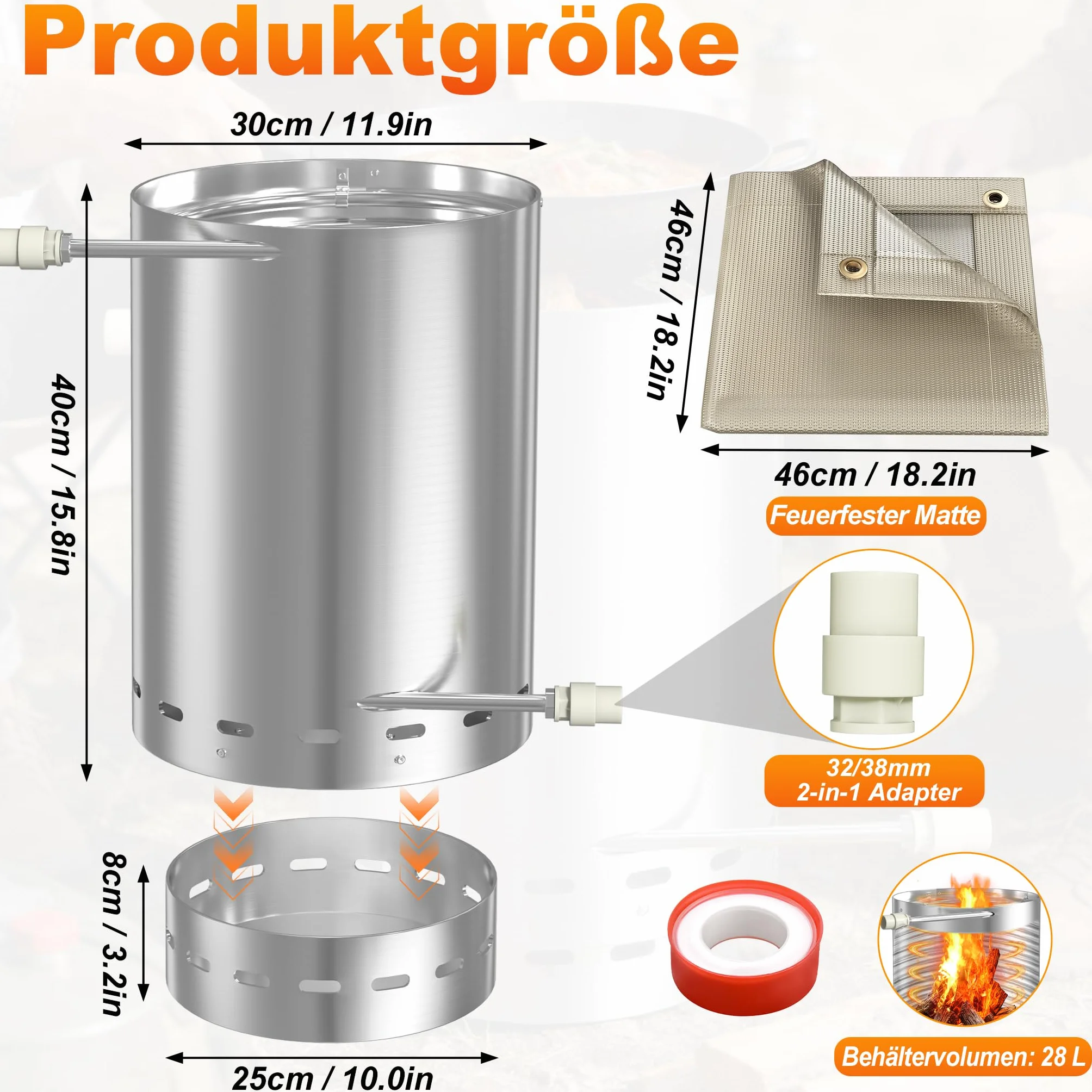 Aufun Brennholz Edelstahl Poolheizung Feuertonne Mit Heizspirale Schwimmbadheizung mit Ø 32-38 mm Anschlüsse und Eingebaute Spiralerohr Poolofen Heizungen mit Feuerfestmatten(1 Stück)