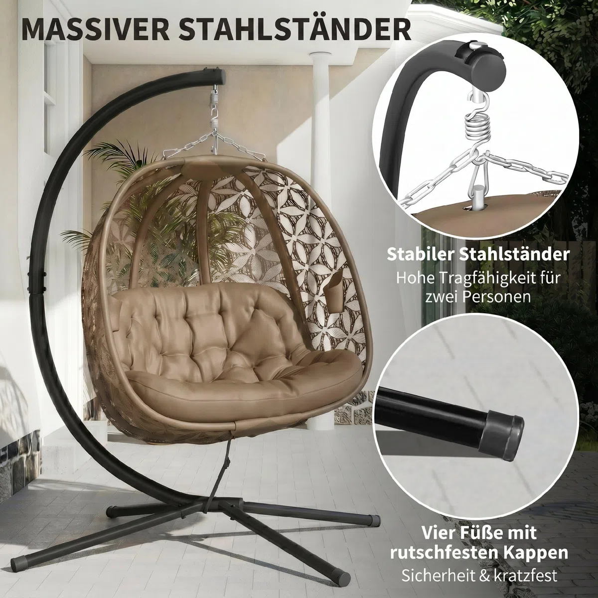 Outsunny Hängesessel mit Gestell für 2 Personen faltbar Hängekorb mit dick Kissen Getränkehaltern Sicherheitsgurt, XXL Eiförmiger Hängeschaukel bis 240 kg Schaukelsessel für Indoor Outdoor Garten Sand