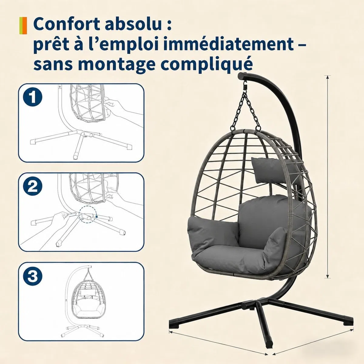 Hängesessel Mit Gestell Outdoor Bis 150 kg, Rattan Hängesessel Mit Metallgestell, Wetterfest PE-Rattan Hängesitz Mit Polster & Schutzabdeckung, Ideal Für Garten, Terrasse, Balkon, Wohnzimmer – Grau