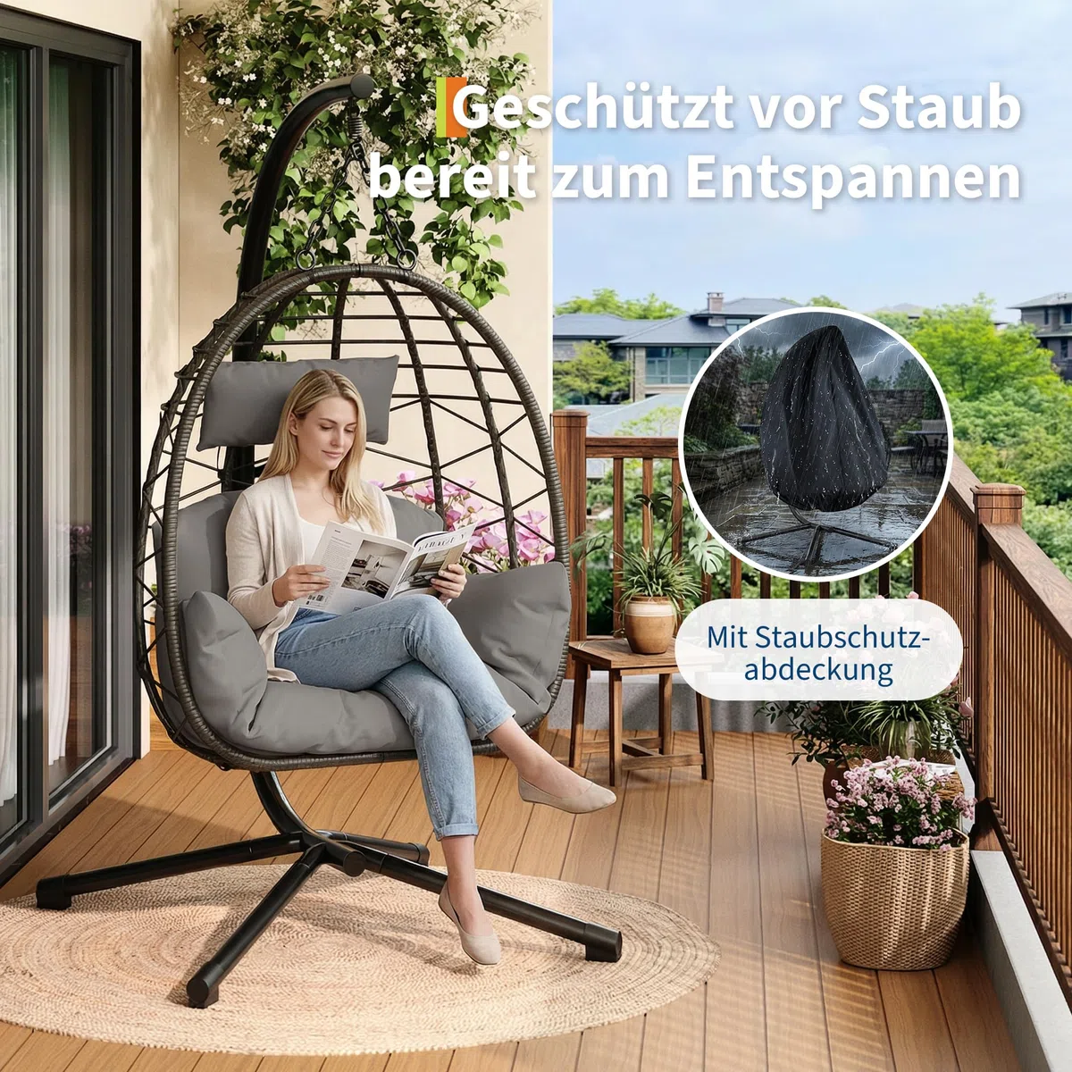 Hängesessel mit Gestell Outdoor bis 150 kg belastbar, Rattan Hängesessel mit Metallgestell, ideal als Hängesitz Indoor mit Gestell für Garten, Terrasse & Balkon Grau