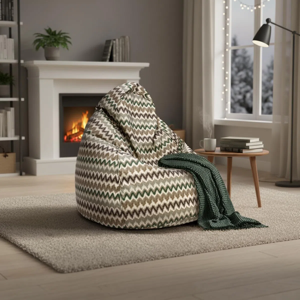 Ecopuf - Bean Bag - Sitzsack mit Füllung - Sitzsack Outdoor & Indoor, Bean Bag Chair mit Wasserabweisender Stoff, Zickzack Muster, 80(B) x 80(L) x 110 (H) cm, 2 kg, Fuzzy Outdoor Gelb
