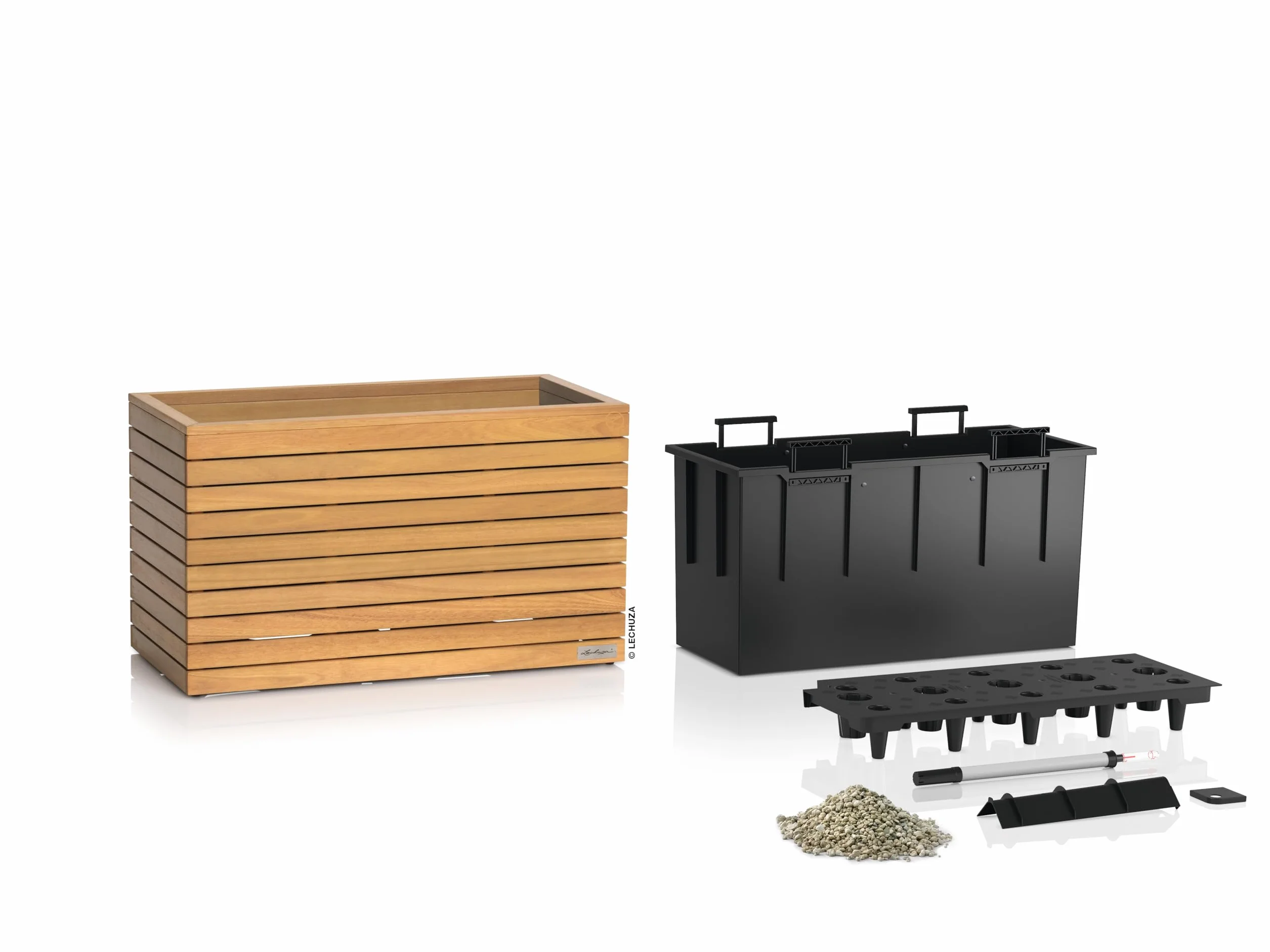 LECHUZA-Pflanzgefäß PALO Natural Wood 80 Wide Low Eukalyptusholz, Pflanzgefäß mit Bewässerungssystem, Wasserstandsanzeiger und Pflanzeinsatz, Echtholz-Oberfläche, 78,5 x 37 x 46 cm, 16774