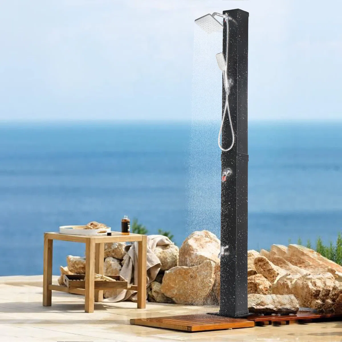 Bonnlo Solardusche Garten 40 Liter mit Handbrause Regenduschkopf Fußdusche Gartenschlauch Anschluss, Winterfest Warmwasser Gartendusche Aussendusche Solar für Garten Pool Outdoor Dusche, Schwarz