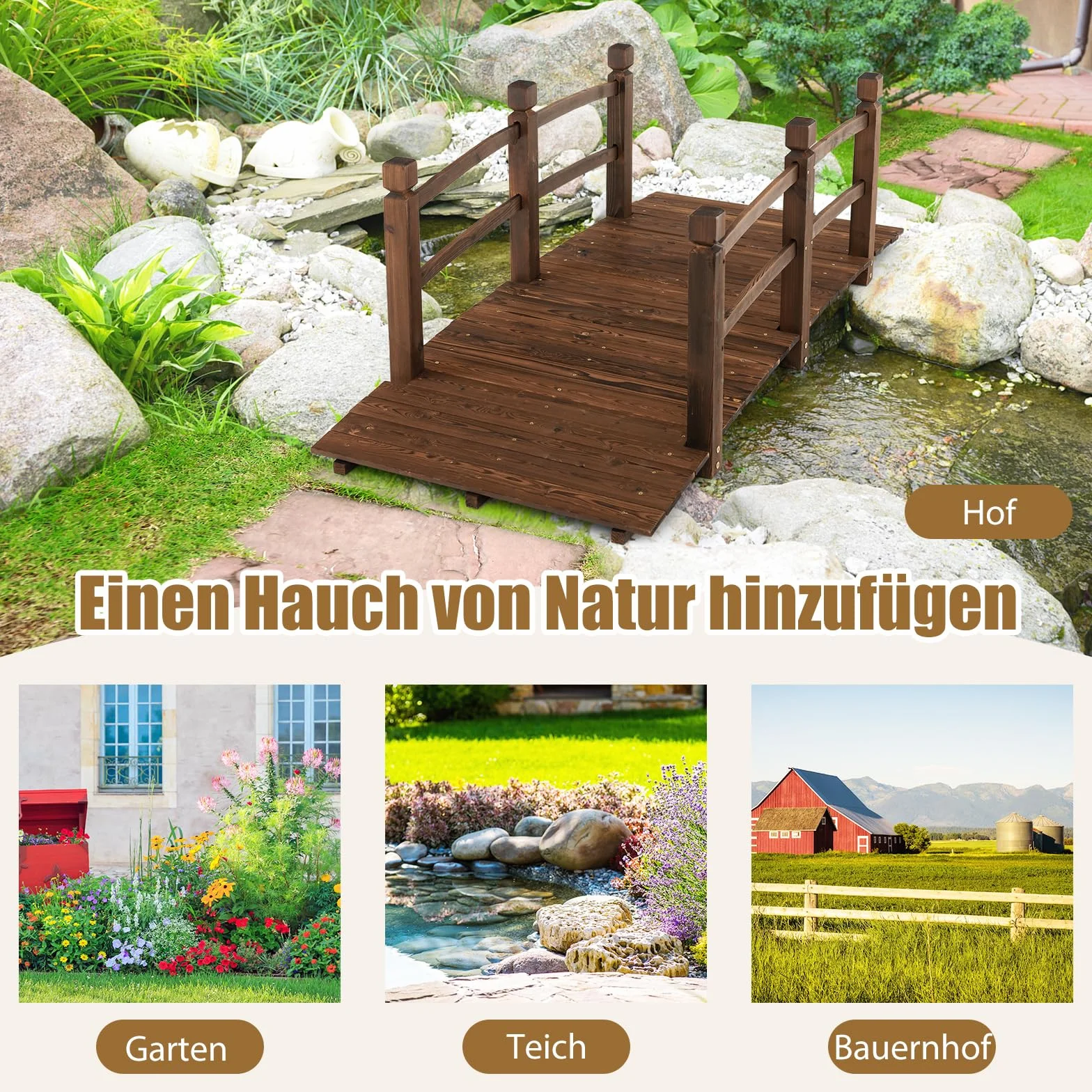 RELAX4LIFE Gartenbrücke aus Tannenholz, Teichbrücke mit Geländer, Holzbrücke bis 150kg belastbar, Zierbrücke für Garten Teich Terrasse Hof, 171,5 x 75,5 x 58 cm, Dunkelbraun