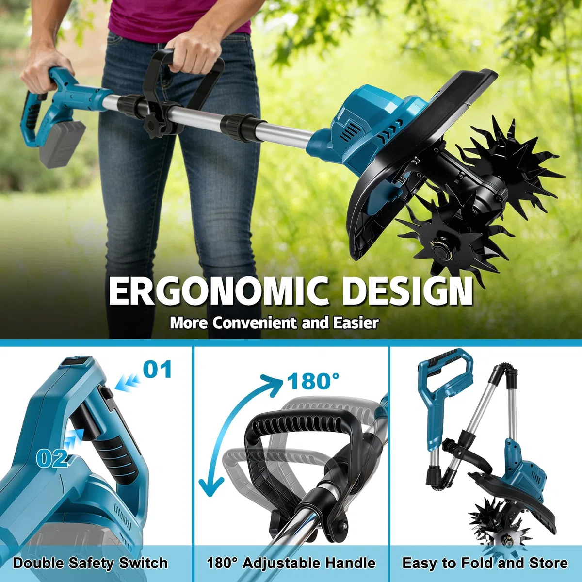 Akku Bodenhacke Motorhacke für Makita 18V (ohne Akku), 500W Bürstenloser Motor, 22cm Arbeitsbreite & 17cm Tiefe, 48 Robuste Stahlzinken, Leichte Elektro-Gartenfräse für Beete Hochbeete Gemüsegarten