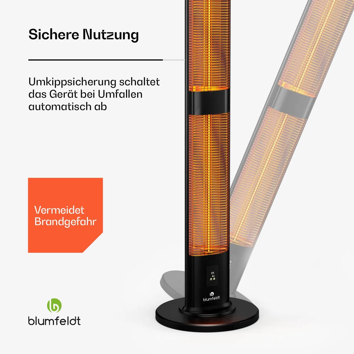 blumfeldt BlazeTower Infrarotheizung Standgerät - 3000 W Leistung, Einstellbare Heizstufen, Wetterfest IP45, Umkippschutz, Fernbedienung & 24-Stunden-Timer - Ideal für Terrasse & Garten