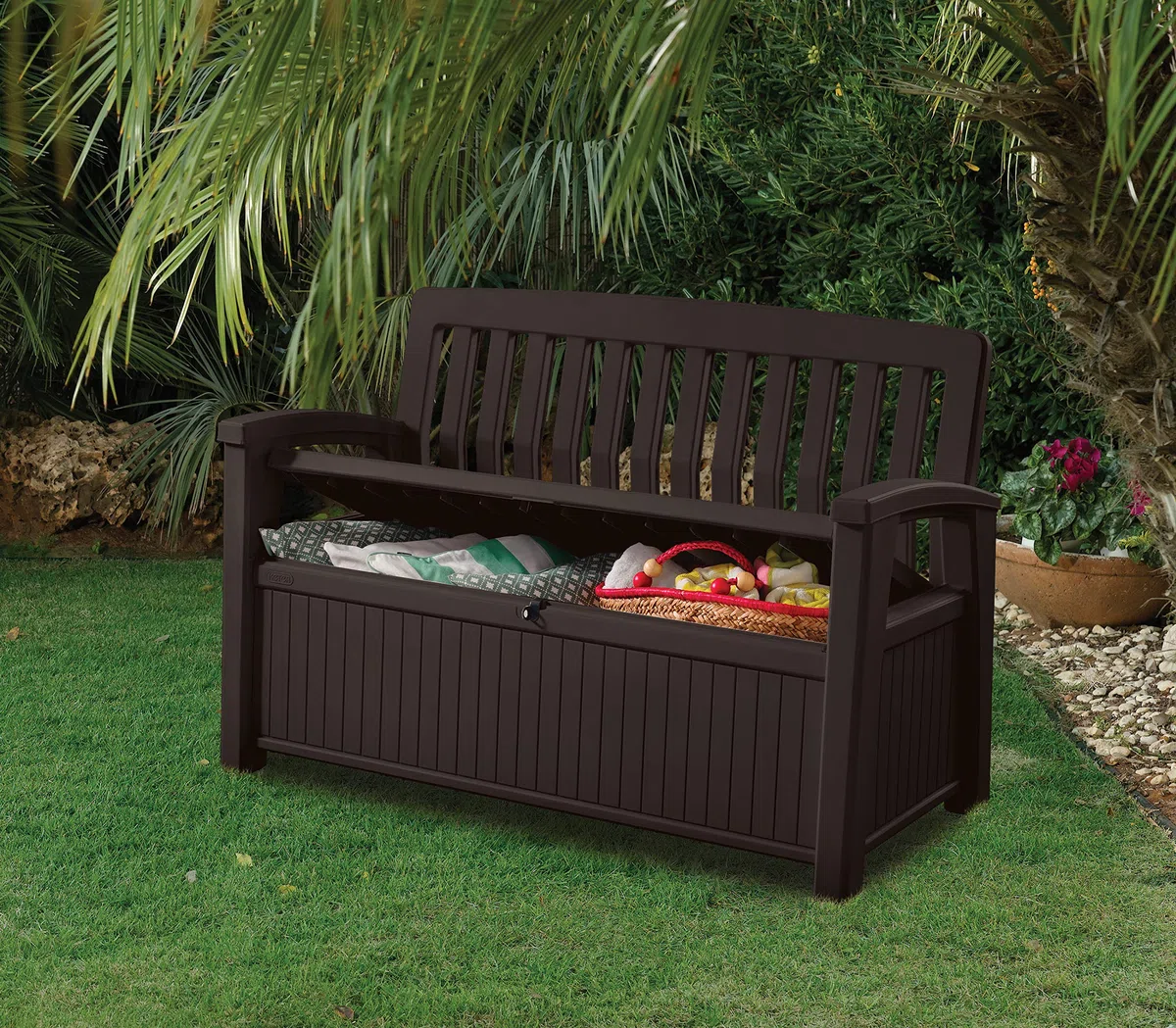 Keter Kissenbox, regenfest, Gartenkissenbox Patio Bank, Espresso braun, 138,6 x 63,5 x 88 cm, 227 L, Kissenbox wetterfest