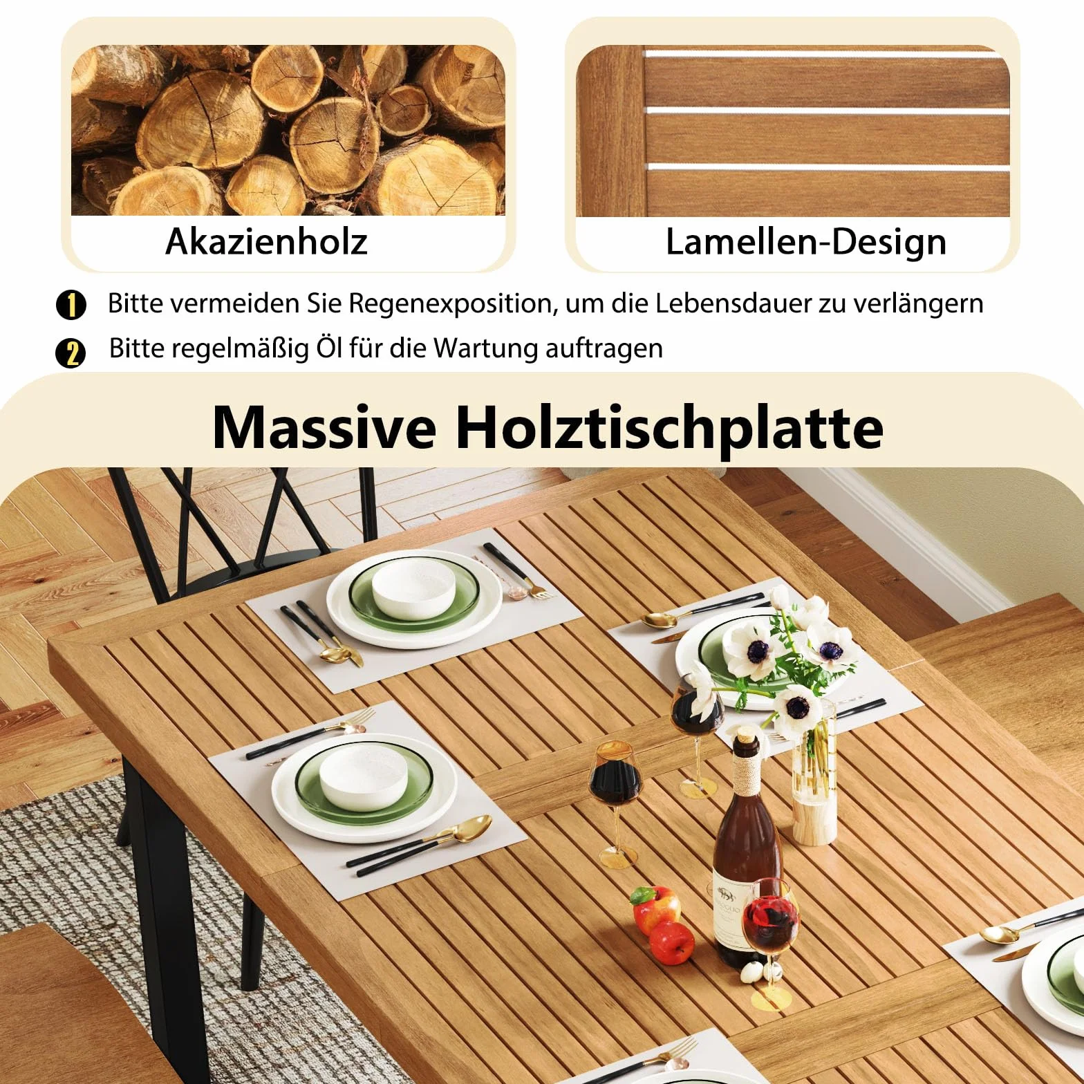 COSTWAY Gartentisch mit Schirmloch, 200x100cm, großer Terrassentisch für 8 Personen, rechteckiger Balkontisch aus Akazienholz, Outdoor Esstisch für Garten, Terrasse