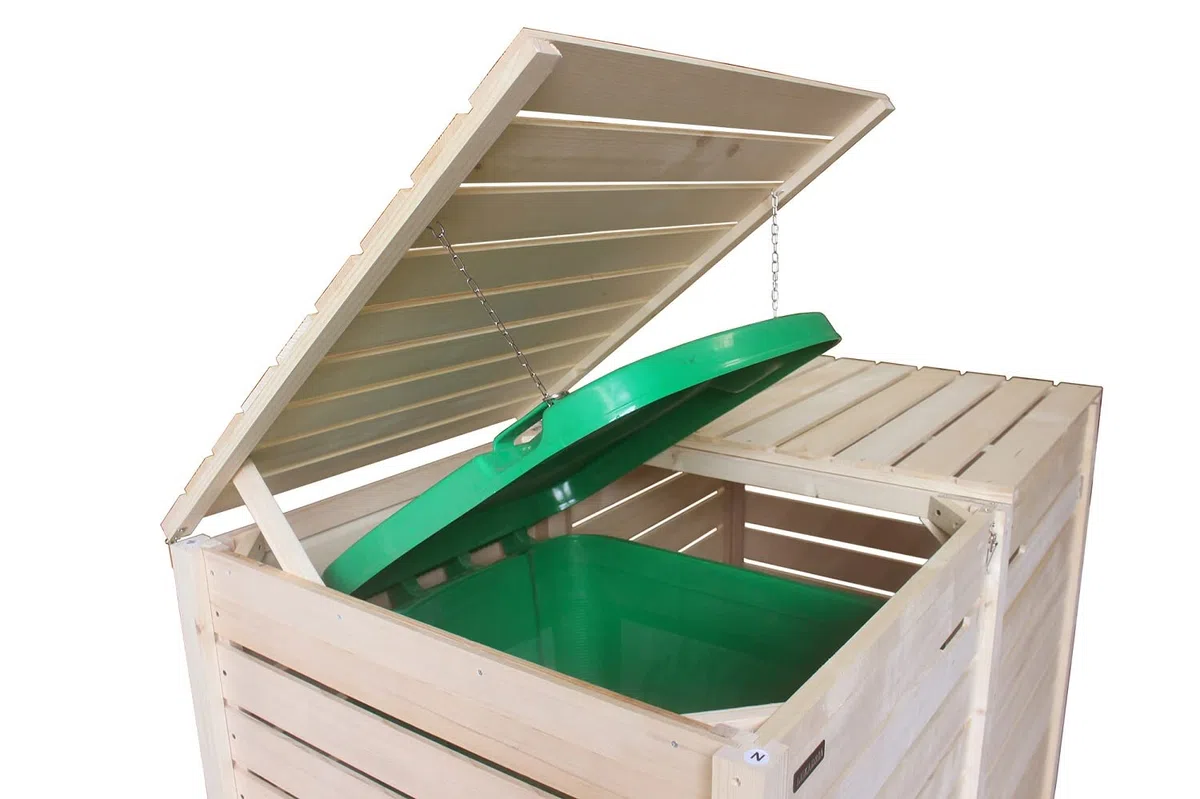 Mülltonnenbox Mülltonnenverkleidung Mülltonnecontainer Holz 120L - 240L Natur mit Rückwand Modell HH (3 Tonnen)