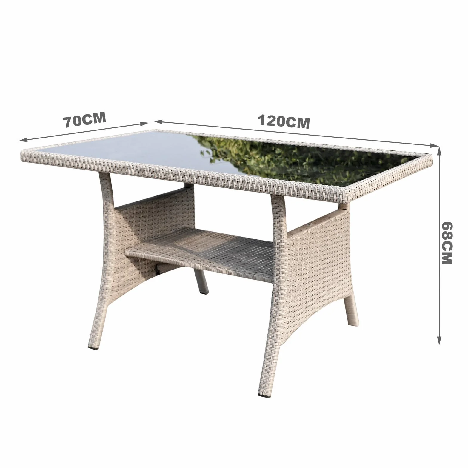 Polyrattan Gartentisch 120x70x68cm mit Ablage Glas Tischplatte Wetterfest Garten Terrasse Balkon Tisch Esstisch Gartenmöbel (Beige)