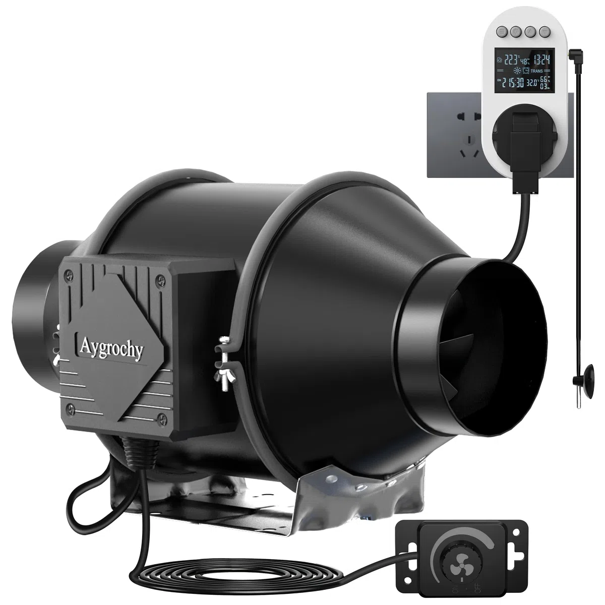 Aygrochy Rohrventilator 100mm, Rohrlüfter 363m³/h,Abluftventilator EC motor, Thermostat Steckdose mit Timer,Verzögerung,Temperatur und Feuchtigkeitssensor,für Gewächshäuser,Growzelte,Badezimmer.