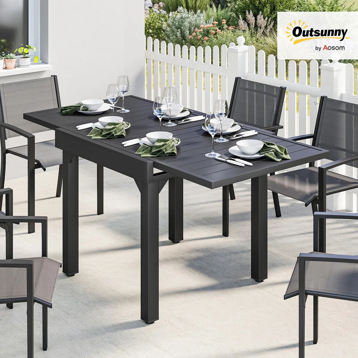 Outsunny Gartentisch Ausziehbarer 80/160 x 80 cm Aluminium Esstisch für 4-6 Personen, Rechteckiger Balkontisch mit Lamellenplatte, Wetterfest Terrassentisch für Garten, Terrasse Balkon Schwarz