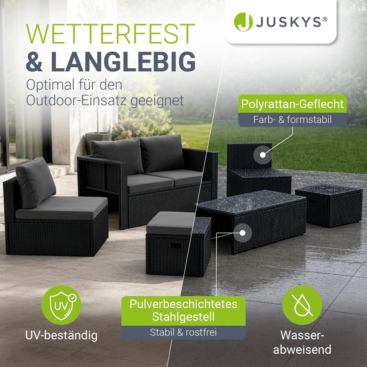 Juskys Polyrattan Gartenmöbel Set Salou - Outdoor Lounge wetterfest 6 Personen - Sitzecke mit Tisch & Kissen für Garten, Balkon, Terrasse - Schwarz