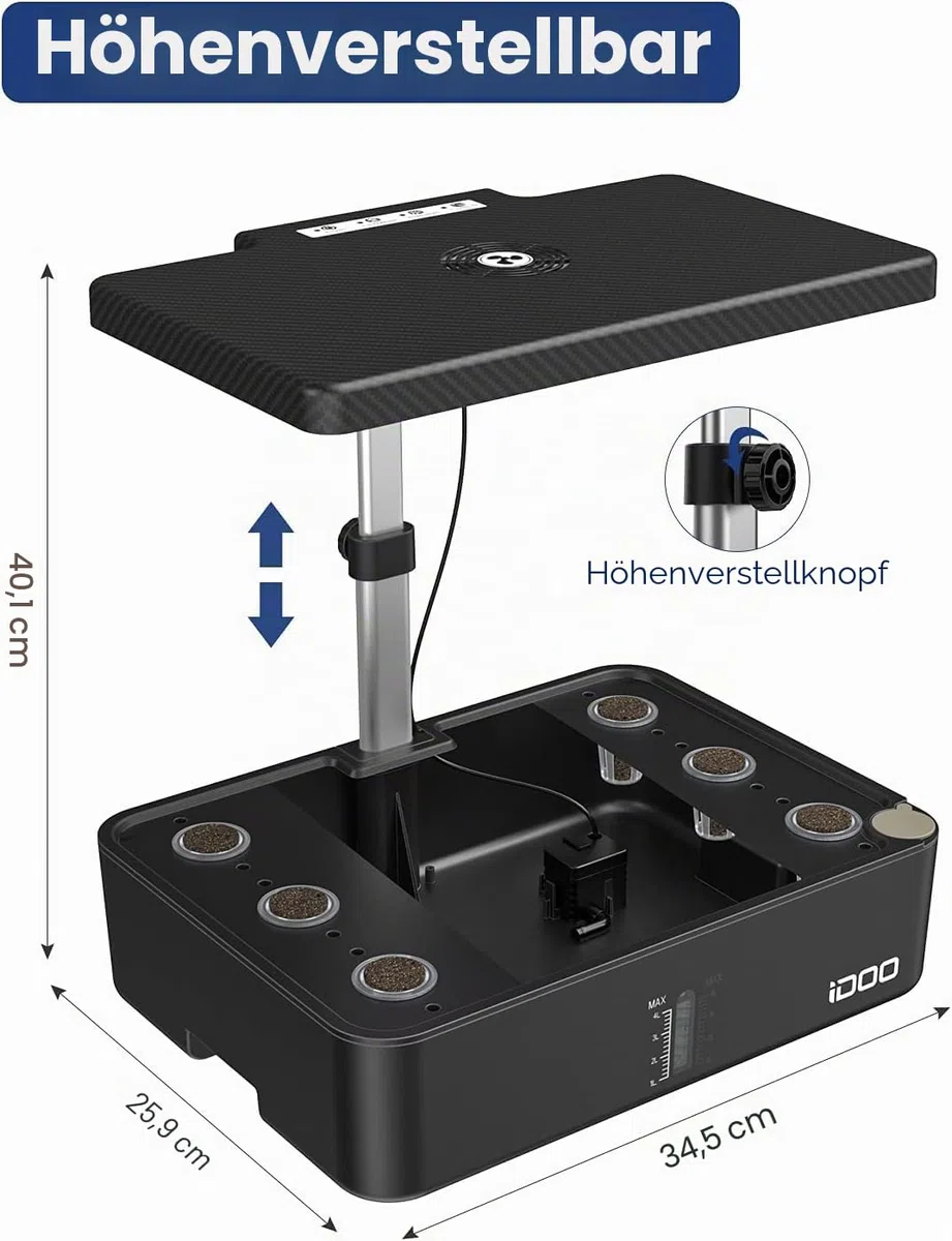 iDOO Hydroponic System, Smart Garden, Hydroponisches Anzuchtsystem,12Hülsen, mit Automatisch Timer, Smart Garden mit LED Pflanzenlampe und Ventilato, Höhenverstellbar kräutergarten Set, Schwarz