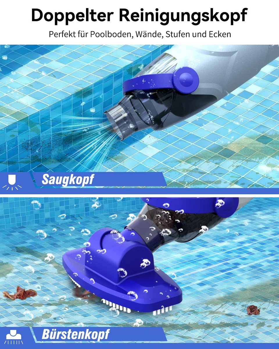 Akku Poolsauger mit 36,8 kPa Saugleistung, 5000 mAh Akku, 60 Min Laufzeit, 18 GPM, 2 Saugmodi, 300/500 μm Filter, Steckstange bis 1,85 m (max. Länge), für Pool & Spa
