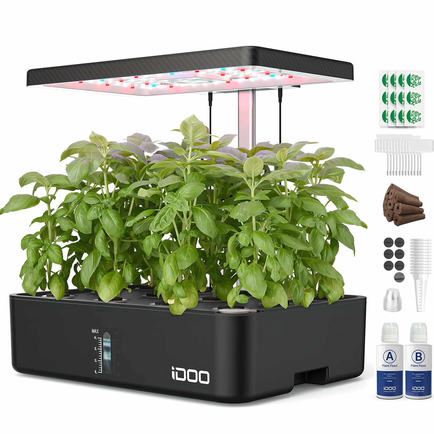 iDOO Hydroponic System, Smart Garden, Hydroponisches Anzuchtsystem,12Hülsen, mit Automatisch Timer, Smart Garden mit LED Pflanzenlampe und Ventilato, Höhenverstellbar kräutergarten Set, Schwarz