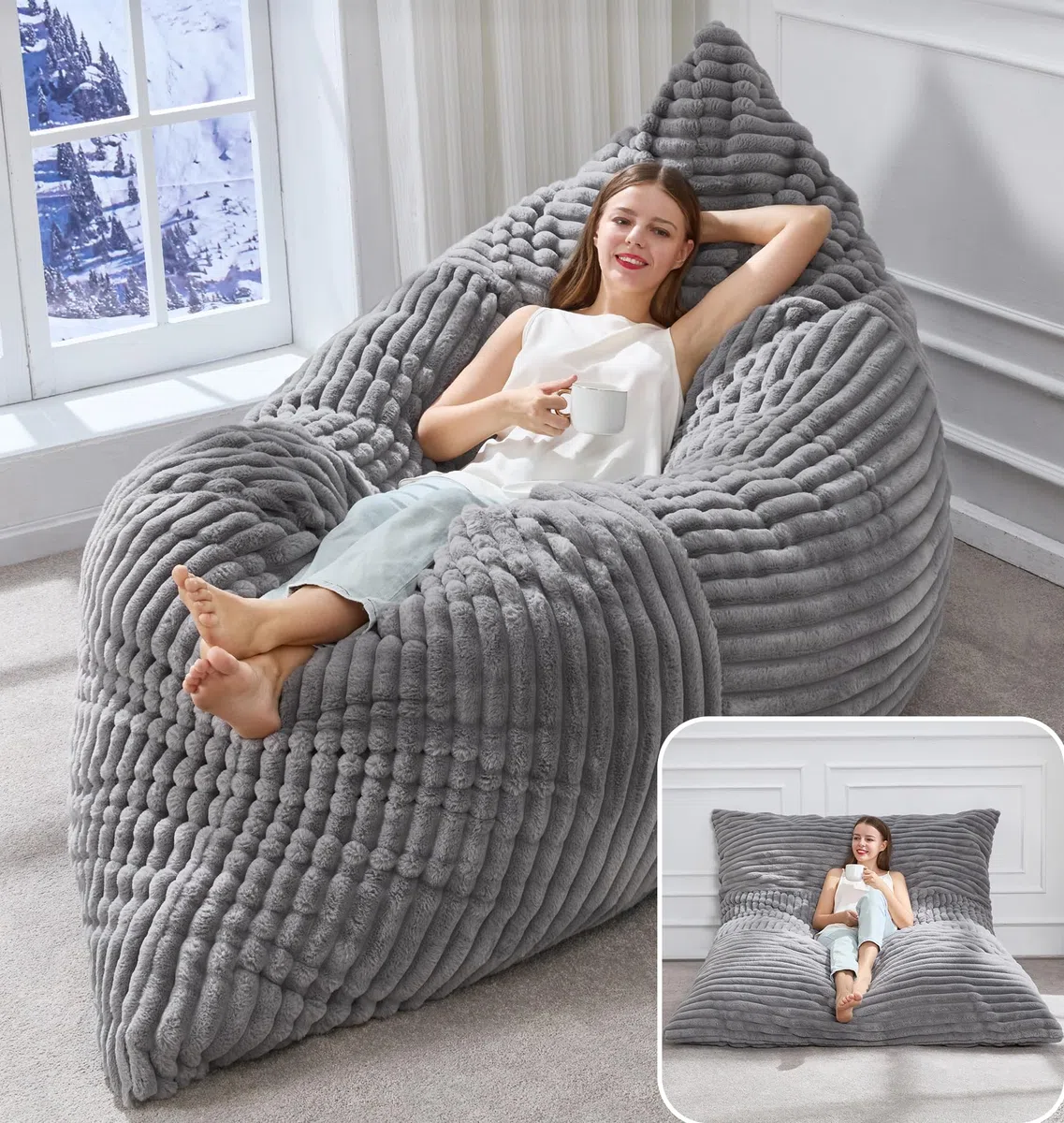 Hobestluk 3-in-1 Sitzsack Riesen Sitzsack Umwandelbar Sitzsack Bodenkissen mit maschinenwaschbarem Bezug, Sitzsäcke für Erwachsene (Grau)