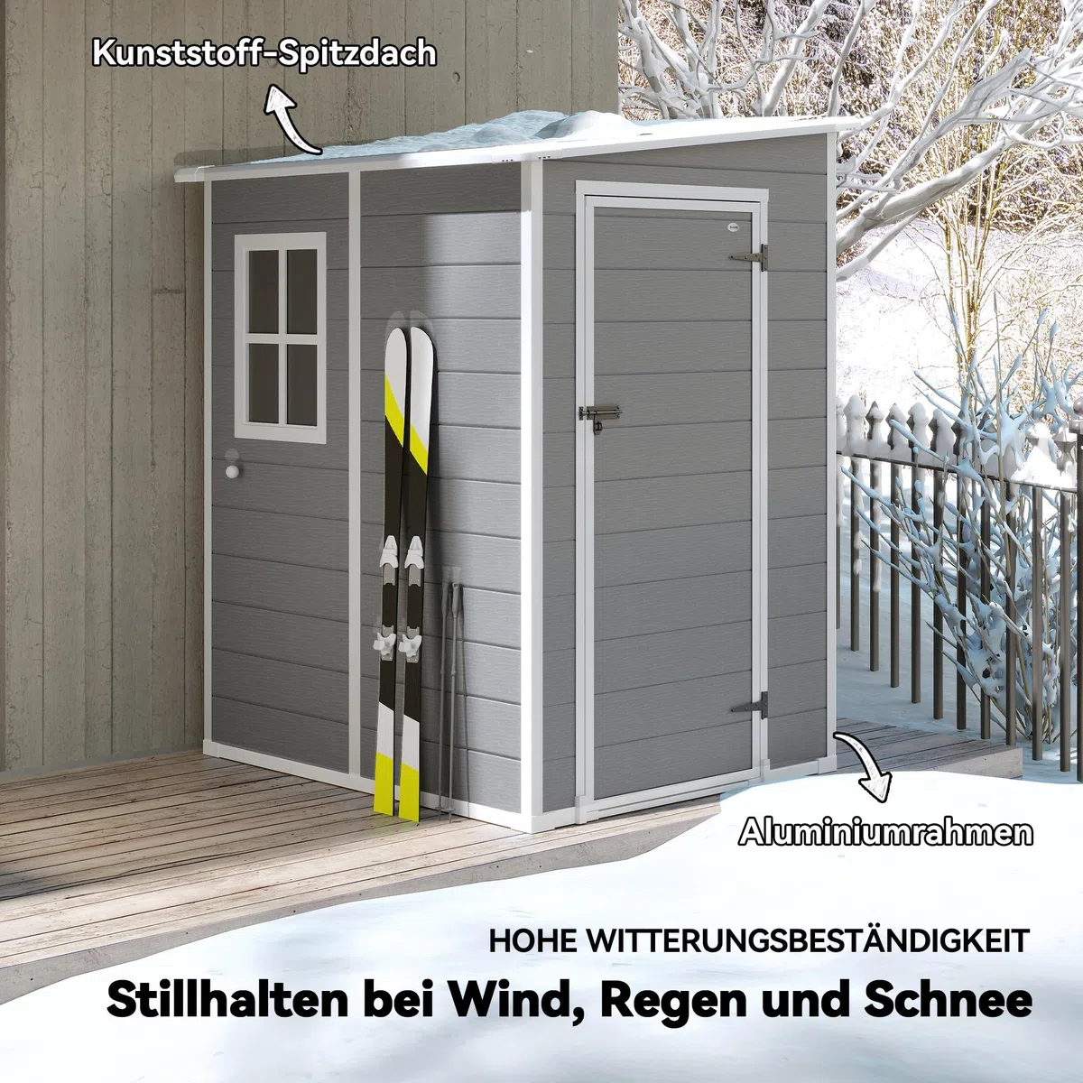 Outsunny Gerätehaus 1,54m³, Gartenhaus mit Pultdach, Boden 122 x 149 x 192/177 cm, wetterfest Geräteschuppen mit Abschließbar Tür, Fenster, Gartenschrank aus Kunststoff, für Hinterhof, Garten, Grau