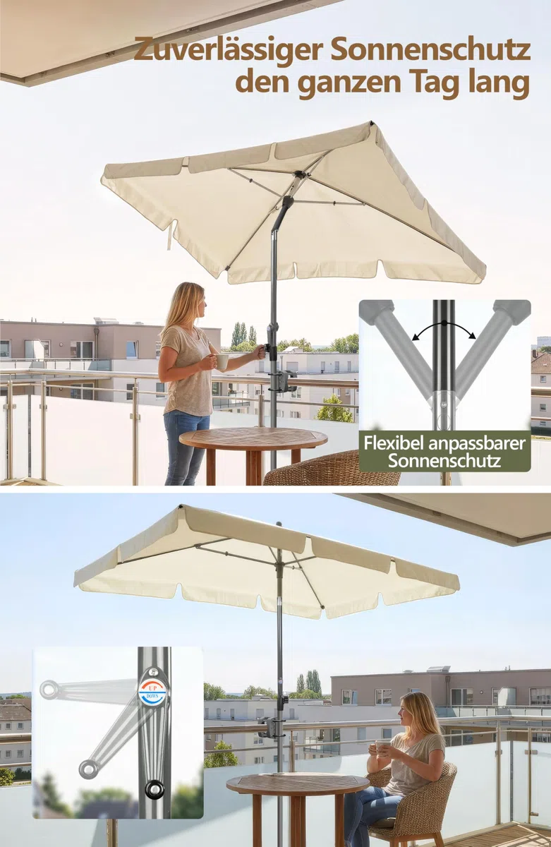 Menz SunnyShade Balkonschirm, mit Kurbel, Roma, mit Schutzhülle, Sonnenschirm Balkon 200x125 cm, Sonnenschirm rechteckig, UV 50+ Sonnenschutz Balkon, knickbar und höhenverstellbar, Beige