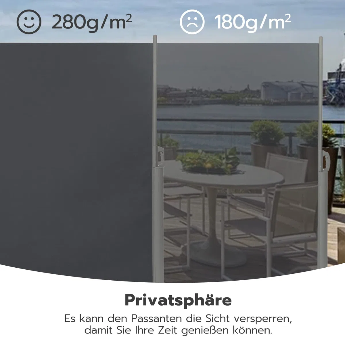 LARMNEE Alu-Seitenmarkise, ausziehbar, 180 x 450 cm, Sichtschutz, Sonnenschutz, Blickdicht, Seitenrollo, für Balkon, Terrasse, Garten, Anthrazit EBK1845BP02