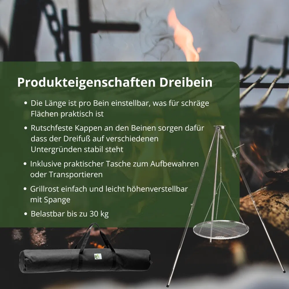 HeRo24 Edelstahl Dreibein Schwenker Grillgestell höhenverstellbar mit Kurbel inkl. Kette, Haken, Wirbel & Tragetasche stabiles Schwenkgrill-Gestell für Garten, Camping & Lagerfeuer (Ohne Rost)