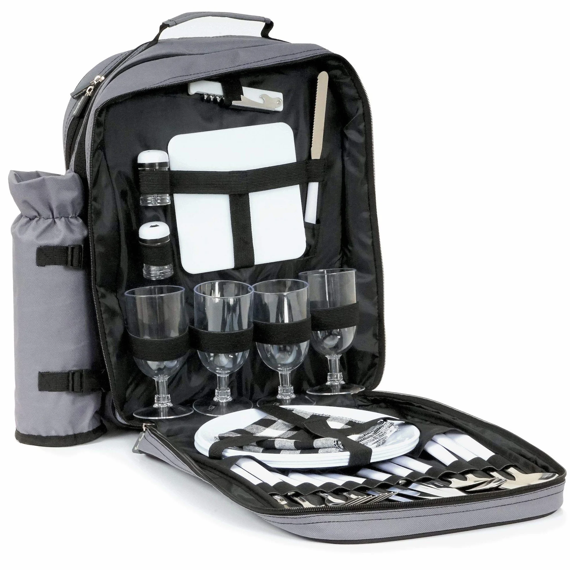 CampFeuer Picknick Rucksack für 4 Personen | Grau | Picknickset 31-teilig | inkl. Flaschenhalter, großem Kühlfach, Geschirr und Besteck
